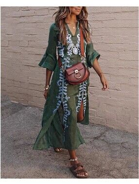 March 11 Dress Womens Large Green Floral Embroidered Linen Maxi Annabell